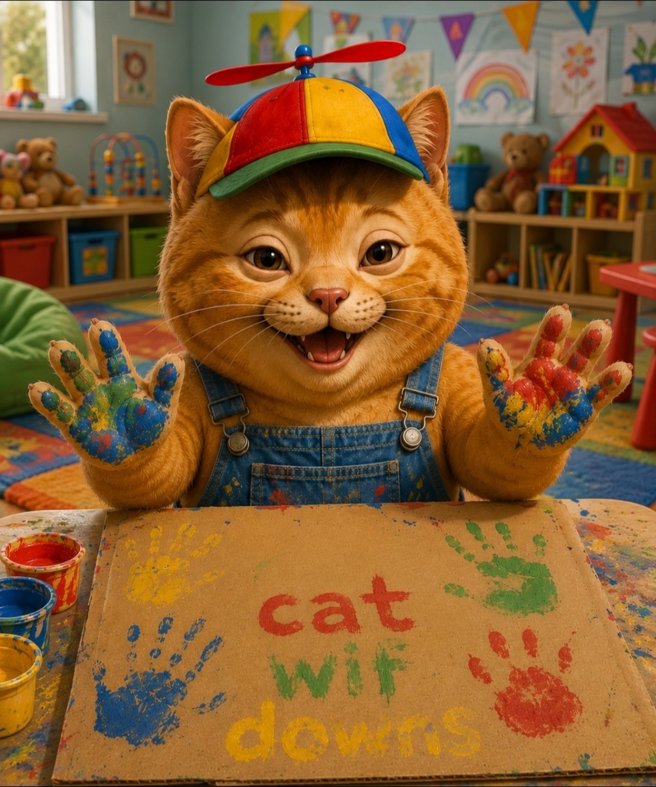 Happy orange cat wearing a colourful propeller hat and painting